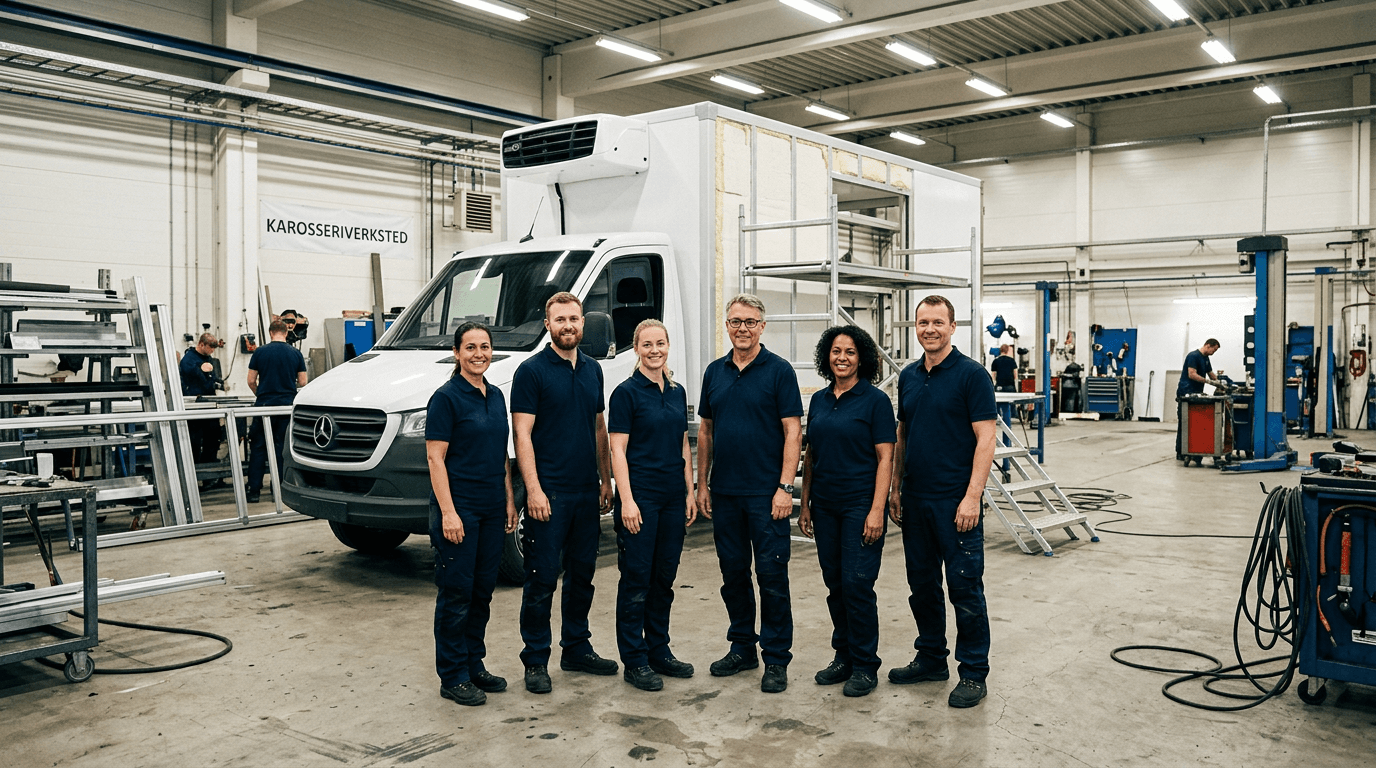 Frigopanel-team i verksted foran et stort påbygg-prosjekt, i matchende mørkeblå arbeidstrøyer